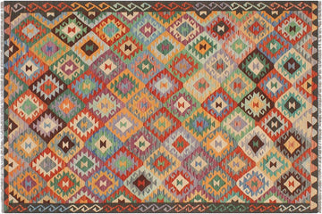 Flat Weave Kilim, Antique, Navaho, Vintage, Handmade, Geometric Kilim Blue Brown Hand-Woven Rectangle 100% Wool Area Rug 5 x 6